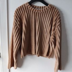 Zara brown faux fur long sleeve fuzzy crew neck sweater